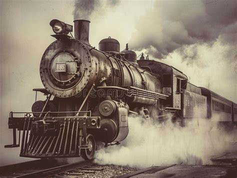 Vintage Sepia Toned Photograph Of An Old Steam Locomotive Stock