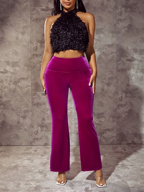 Shein Sxy Solid Velvet Flare Leg Pants Shein Usa