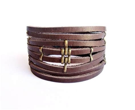 Wide Brown Leather Bracelet Multistrand Wristband Mens Leather Cuff Brown Bronze Boho