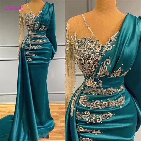 Luxury Long Sleeve Mermaid Evening Dresses Sparkly Crystals Elegant