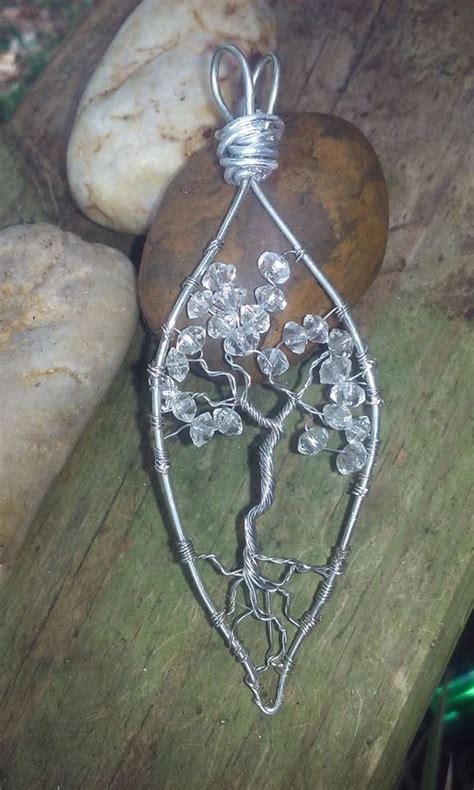 Wire Wrapped Tree Of Life Pendant With Clear Crystals And Silver Coated