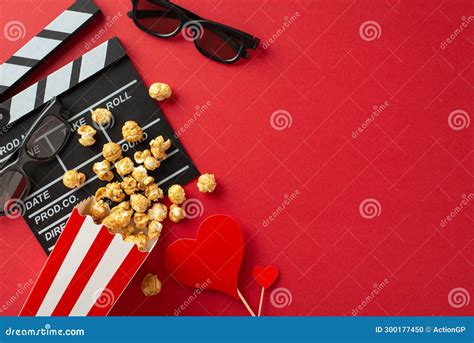 Film Of Love Top View Shot Featuring Clapperboard 3D Glasses Popcorn