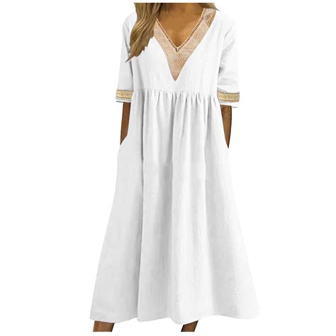 Cflvaek Summer Gauze Cotton Linen Dresses For Women With Pocket Plus