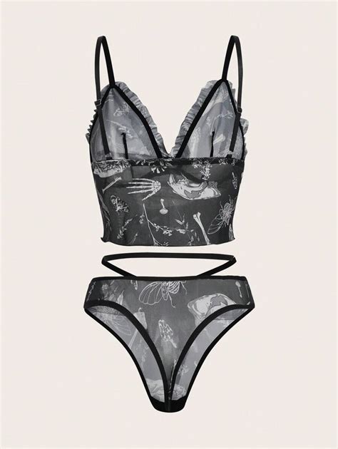 Romwe Goth Bones Print Frill Trim Mesh Lingerie Set Shein Usa