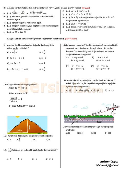 8 Sınıf Matematik Dersi 2 Dönem 1 Yazılı Sınav Soruları Soru Bankası