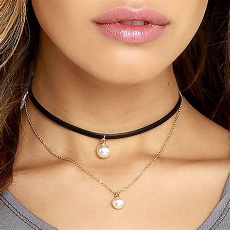 Fashion Double Layers Shiny Choker Necklace Leather Collar Necklace