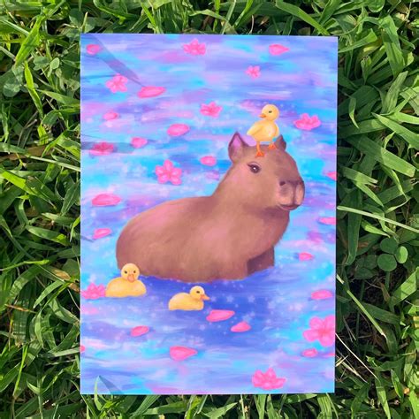 Capybara And Ducks Print 5x7 Cute Animal Art Wildlife Art Kawaii Wall