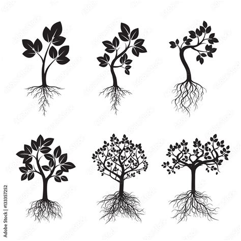 Set Black Trees With Roots Vector Illustration Stock Vector Adobe Stock