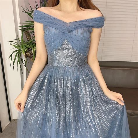 Charming Ocean Blue Evening Dresses 2021 A-Line / Princess Off-The ...