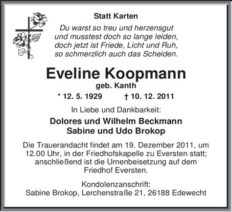 Traueranzeigen Von Eveline Koopmann Nordwest Trauer De