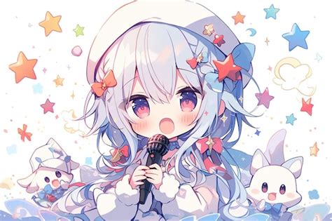 Linda Chica Anime Chibi Kawaii Con Cabello Azul Cantando En Un