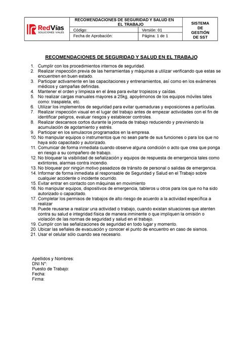 Recomendaciones De Sst Recomendaciones De Seguridad Y Salud En El Trabajo Sistema De GestiÓn