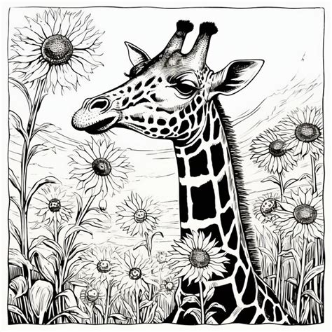 Un Dessin Détaillé D une Girafe En Noir Et Blanc Dans Un Champ De