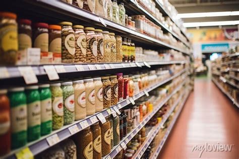 A grocery store aisle with labels indicating healthy alternatives. wall ...