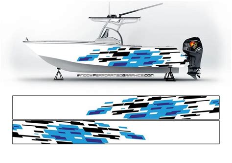 an advertisement for a boat with blue and black designs on it's side ...