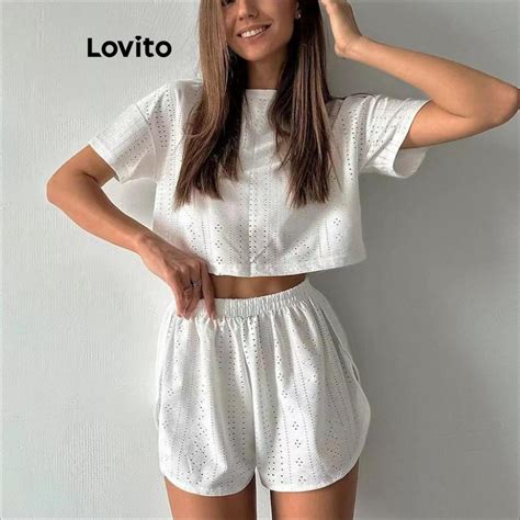 Lovito Women Casual Plain Eyelet Embroidery Shorts Sets LNL48203