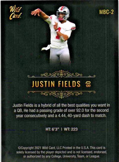 JUSTIN FIELDS QB Chicago Bears 2021 Wild Card Matte MBC 2 Rookie RC NFL