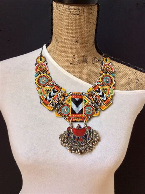 Beaded Bib Necklace With Vintage Kuchi Pendant Tribal