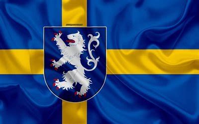 Download wallpapers Coat of arms of Halland lan, 4k, silk flag, Swedish flag, Halland County ...