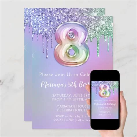 8th Birthday Party Invitation Purple Pink Glitter Zazzle