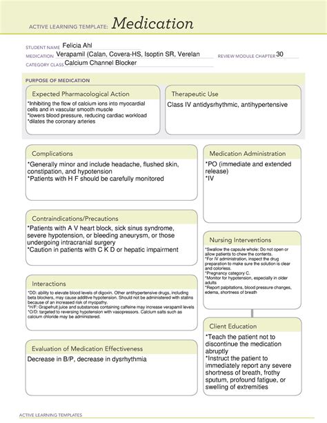 Verapamil Drug Cards Active Learning Templates Medication Student