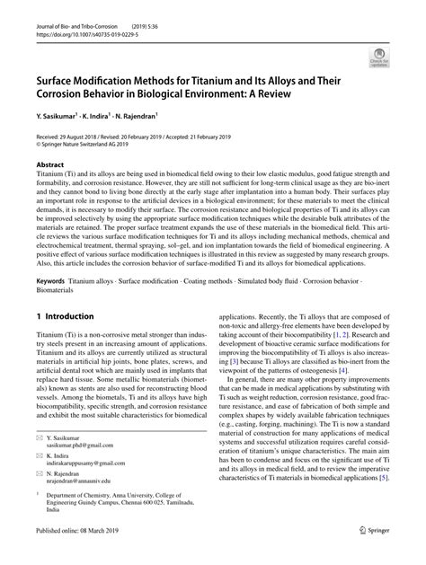 Pdf Surface Modification Methods For Titanium And Its Alloys And Their Corrosion Behavior In