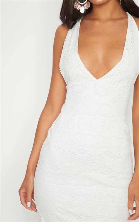 White Plunge Crochet Midi Dress Dresses Prettylittlething Usa