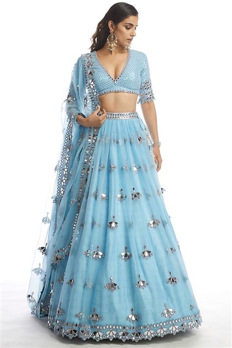 Ice Blue Organza Mirror Embroidered Wedding Lehenga Set By Vvani By