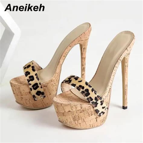 Aneikeh Sexy Leopard Plateaus Andalen High Heels Sommer Hausschuhe