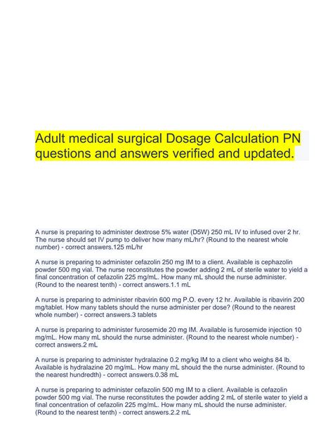 SOLUTION Adult Medical Surgical Dosage Calculation Pn Questions And