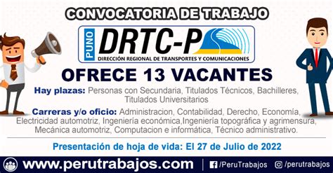 Direcci N De Transportes Drtc Puno Ofrece Puestos De Trabajo