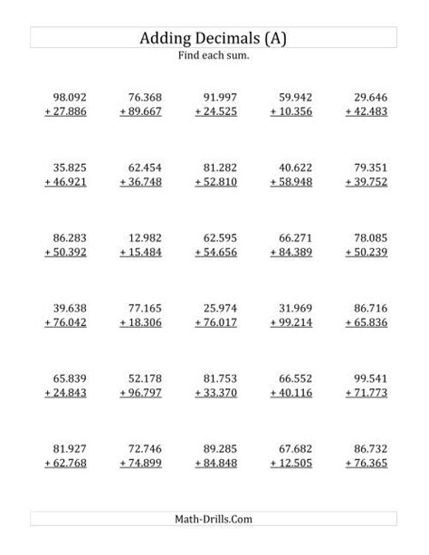 Adding Decimal Thousandths With 2 Digits Before The Decimal Range 10 001 To 99 999 All