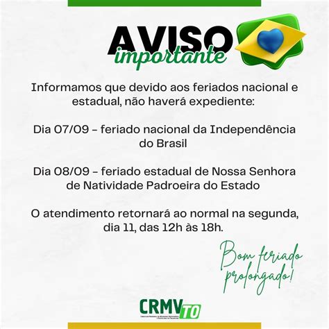 Diretoria Divulga Funcionamento No Feriado Prolongado De Setembro CRMV TO