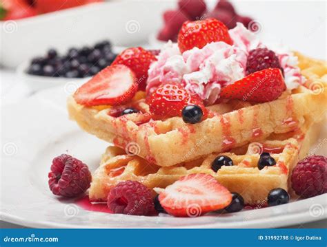 Waffle With Fresh Fruit And Cream Stock Photo Image