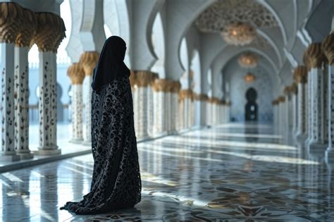 Premium Photo | Muslimah with Niqab Walks in the Luxurious Interior of ...