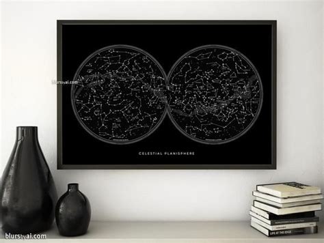 Large map of the sky with constellations, art print in black ...