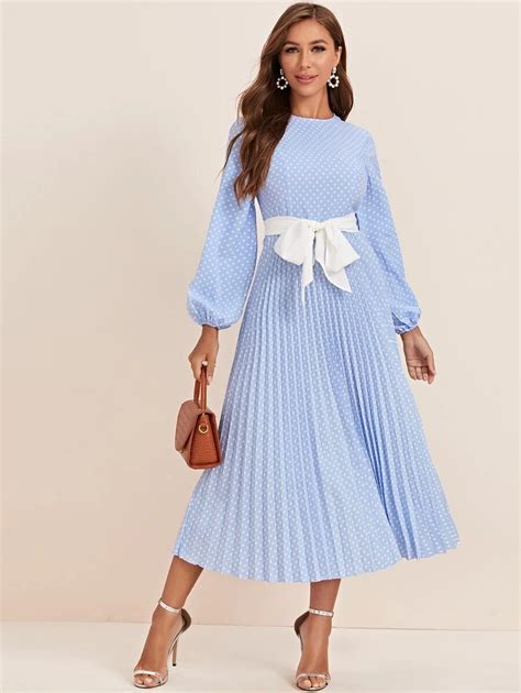 Shein Modely Lantern Sleeve Polka Dot Pleated Dress With Belt Shein Usa