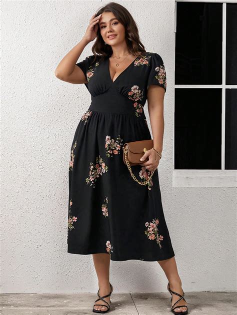 Shein Clasi Plus Floral Print Slant Pocket Dress Shein Usa