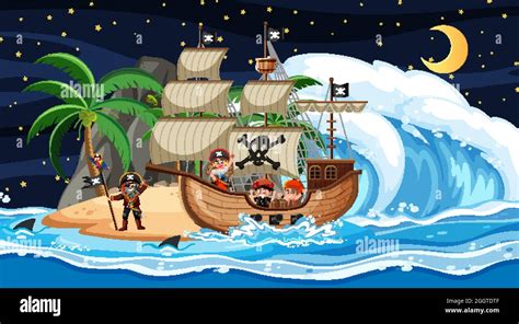 Island With Pirate Ship At Night Scene In Cartoon Style Illustration