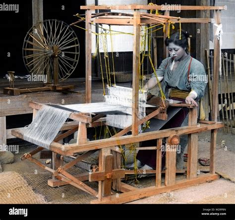 1890s Japan Japanese Woman Weaving Silk — A Woman In Kimono And