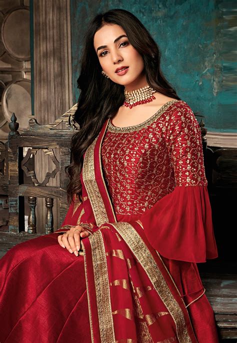 Sonal Chauhan Red Silk Embroidered Bollywood Anarkali Suit With Frill