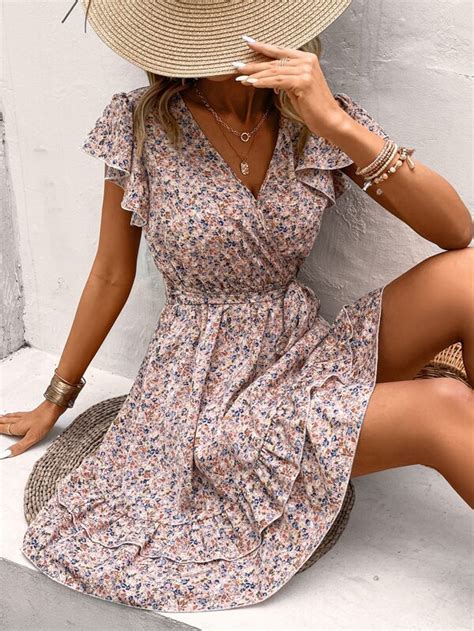 Shein Vcay Sukienki Zmarszczony Zmarszczone Szycie Ditsy Floral Boho