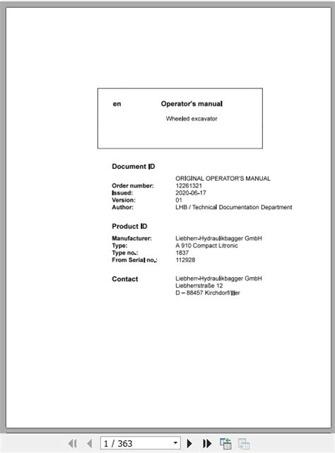 Liebherr Wheeled Excavator A Compact Litronic Operating Manual