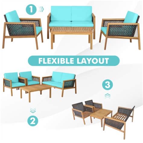 Gymax 4pcs Patio Acacia Wood Furniture Set Pe Rattan Conversation Set W