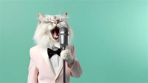 Premium Photo Stylish Cat Singing With Microphone Isolated On Green