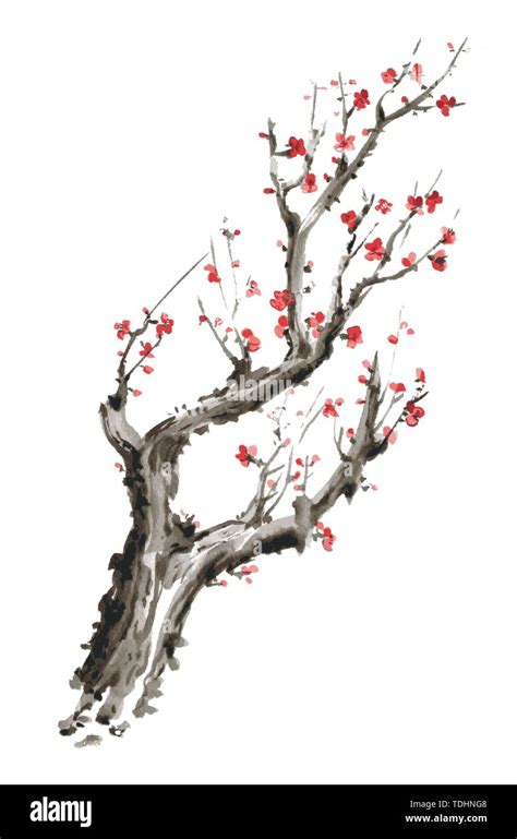 Realistic Sakura Blossom Japanese Cherry Tree Isolated On White