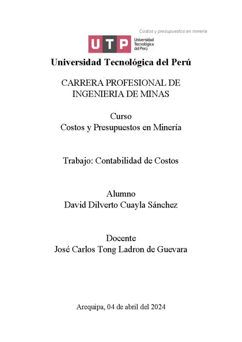 Contabilidad De Costos Semana Costos Y Presupuestos En Miner A