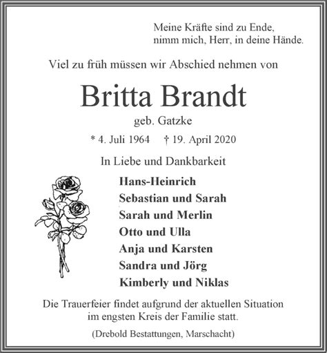 Traueranzeigen von Britta Brandt Trauer Lüneburg de