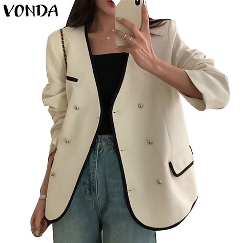 VONDA Women Korean Casual V Neck Long Sleeve Puff Sleeve Solid Button