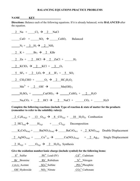 Balancing Equations Practice Problems